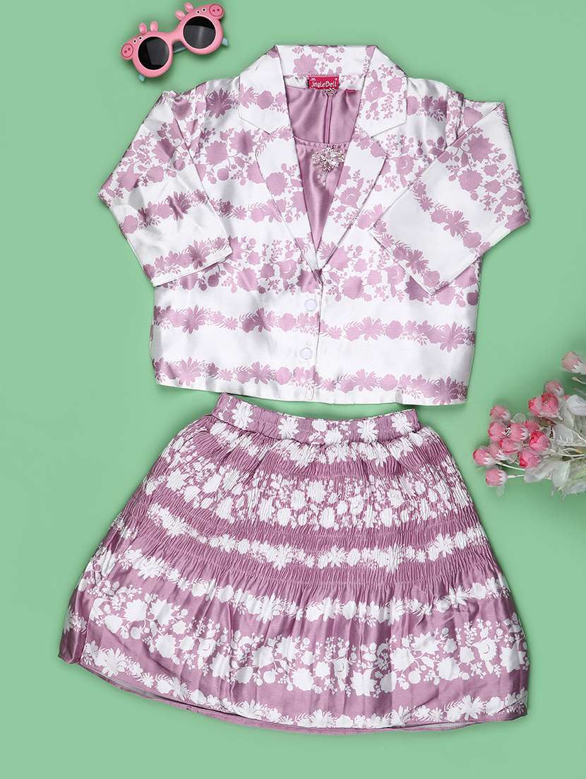 girls printed round neck top and skirt with jacket - 22472006 -  Standard Image - 1