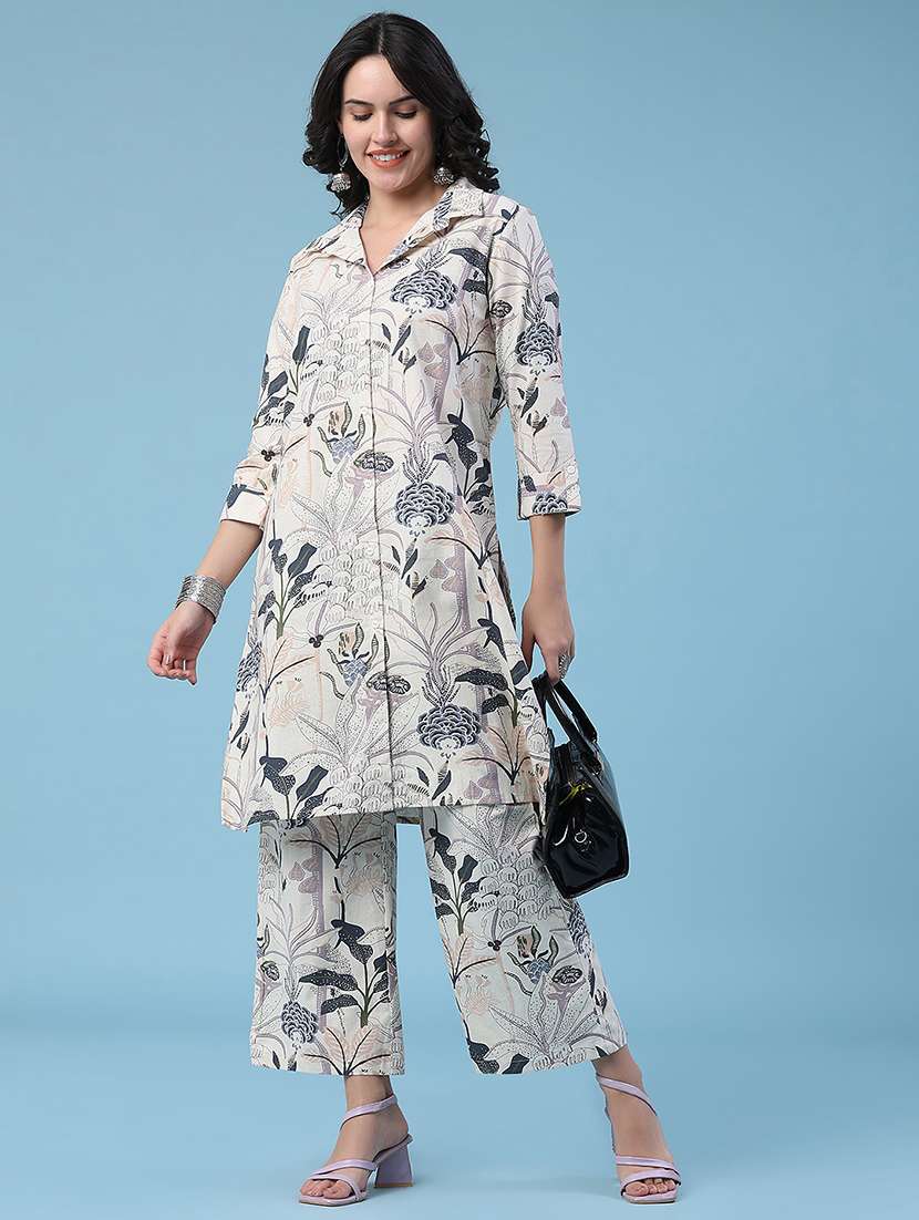 women printed collared ethnic co-ord set
