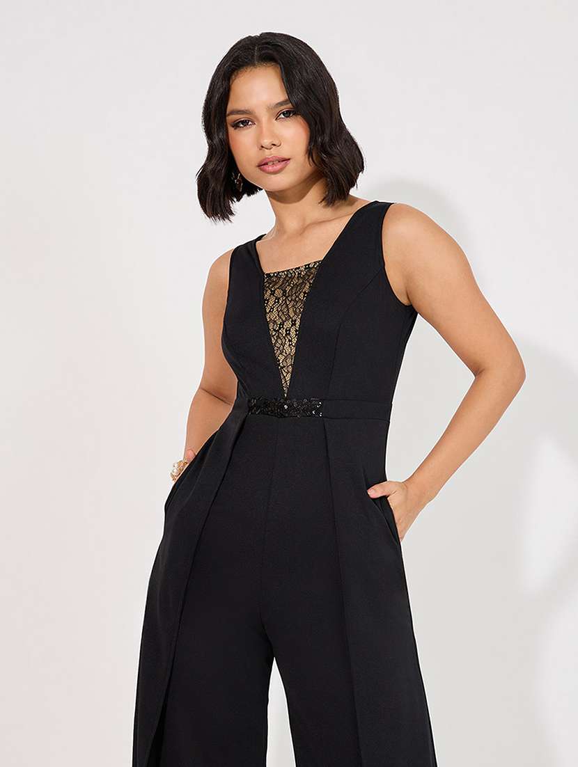 women solid black polyester full leg jumpsuit - 22472386 -  Standard Image - 1