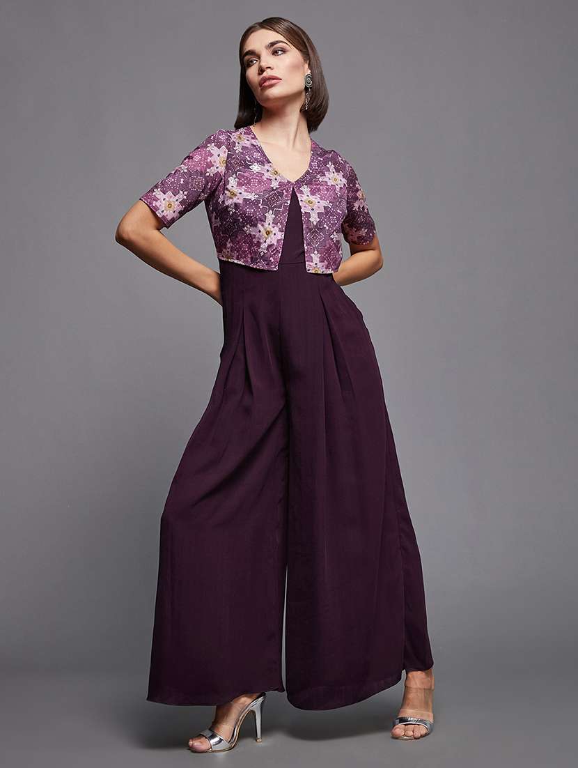 women solid v-neck purple full leg jumpsuit