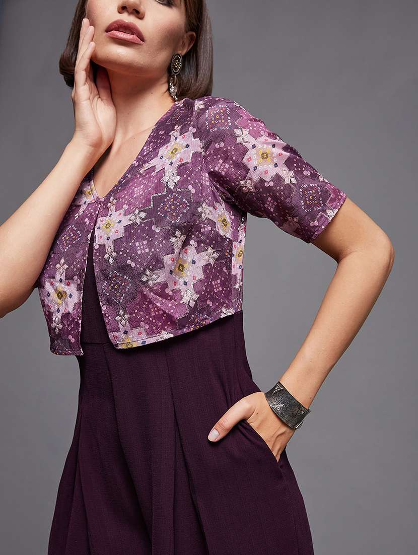 women solid v-neck purple full leg jumpsuit - 22472401 -  Standard Image - 1