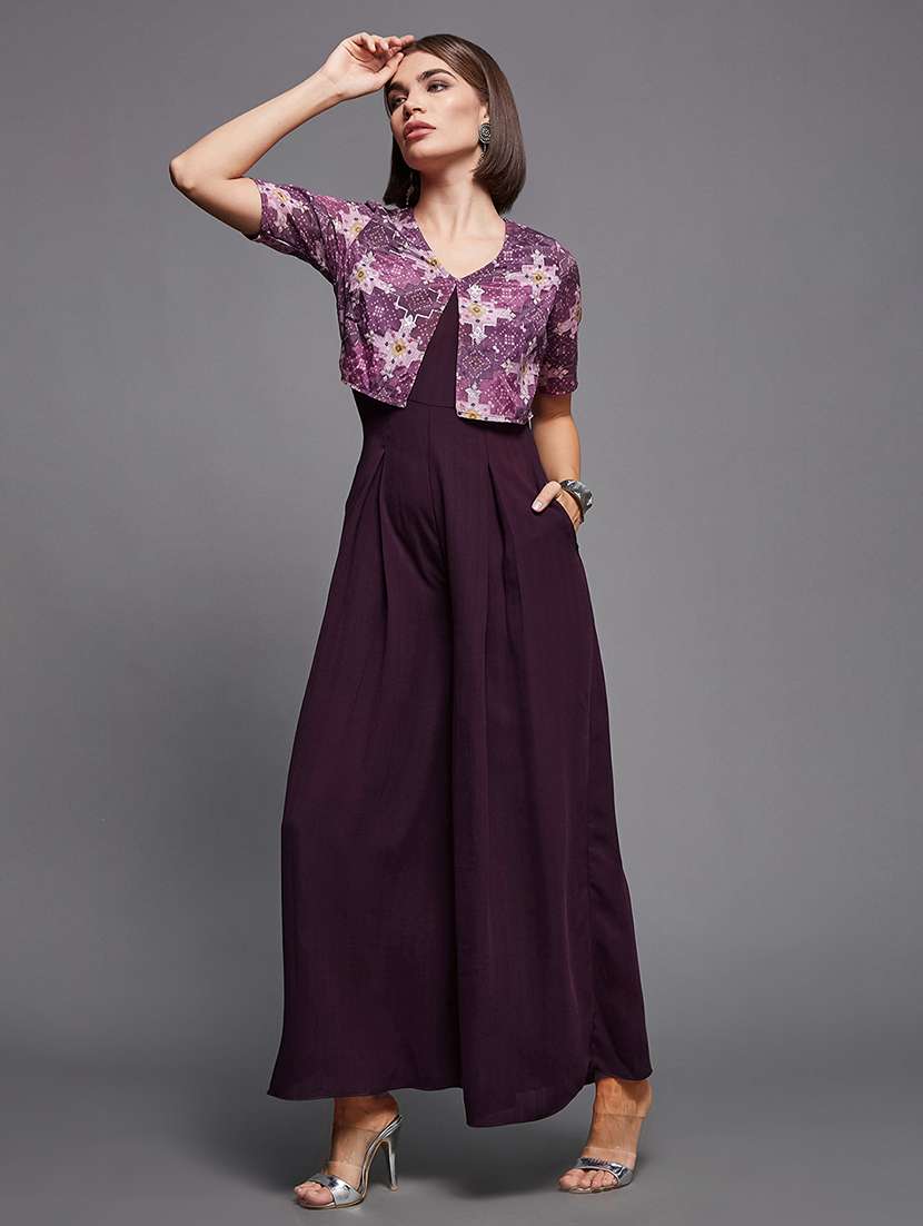 women solid v-neck purple full leg jumpsuit - 22472401 -  Standard Image - 4