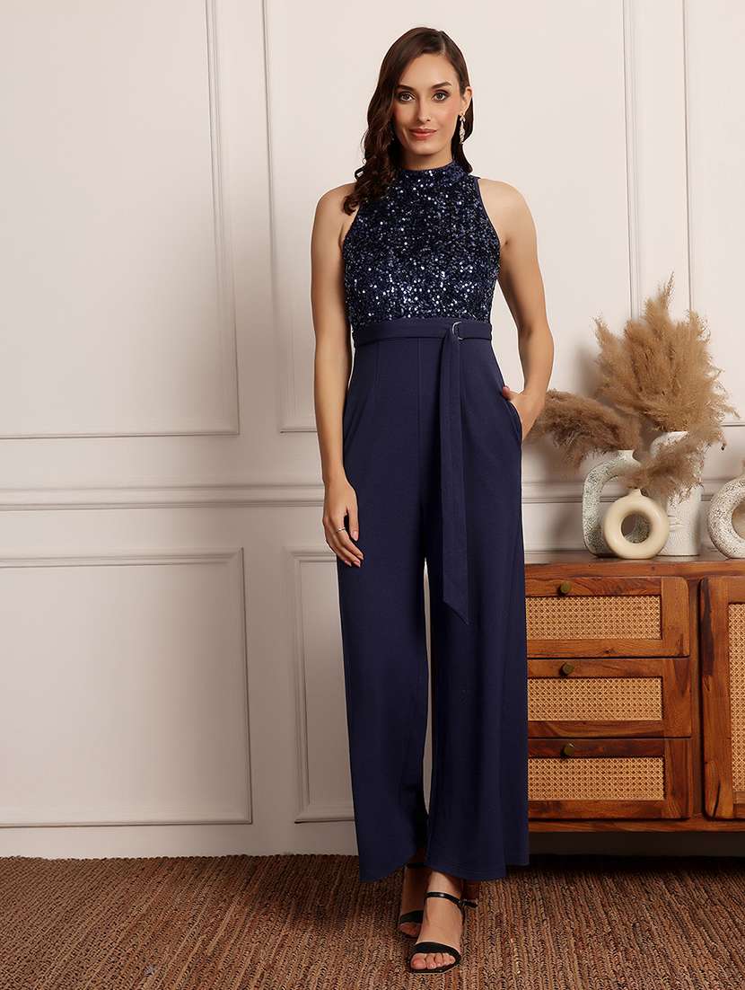 women blue polyester full leg jumpsuit
