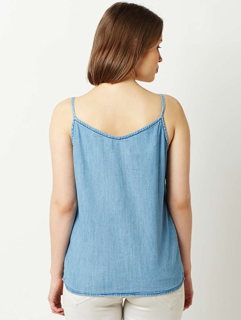 Women Solid Blue Denim Regular Top - 22472467 -  Standard Image - 4