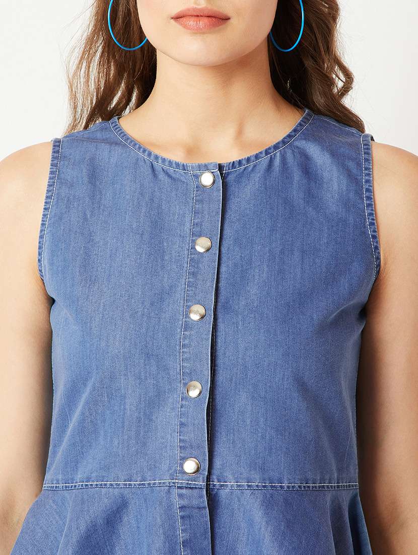 women solid blue denim regular top - 22472468 -  Standard Image - 1