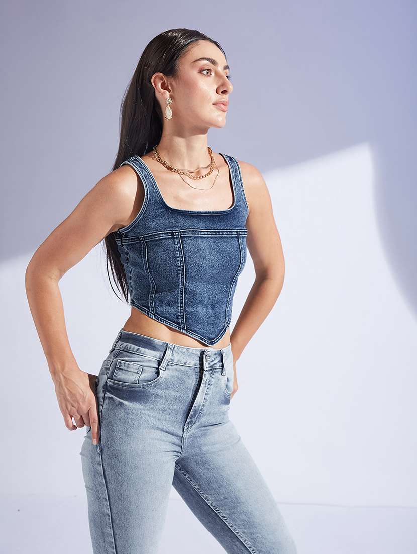 women solid blue denim regular top
