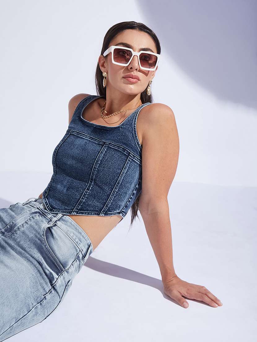 Women Solid Blue Denim Regular Top - 22472469 -  Standard Image - 1