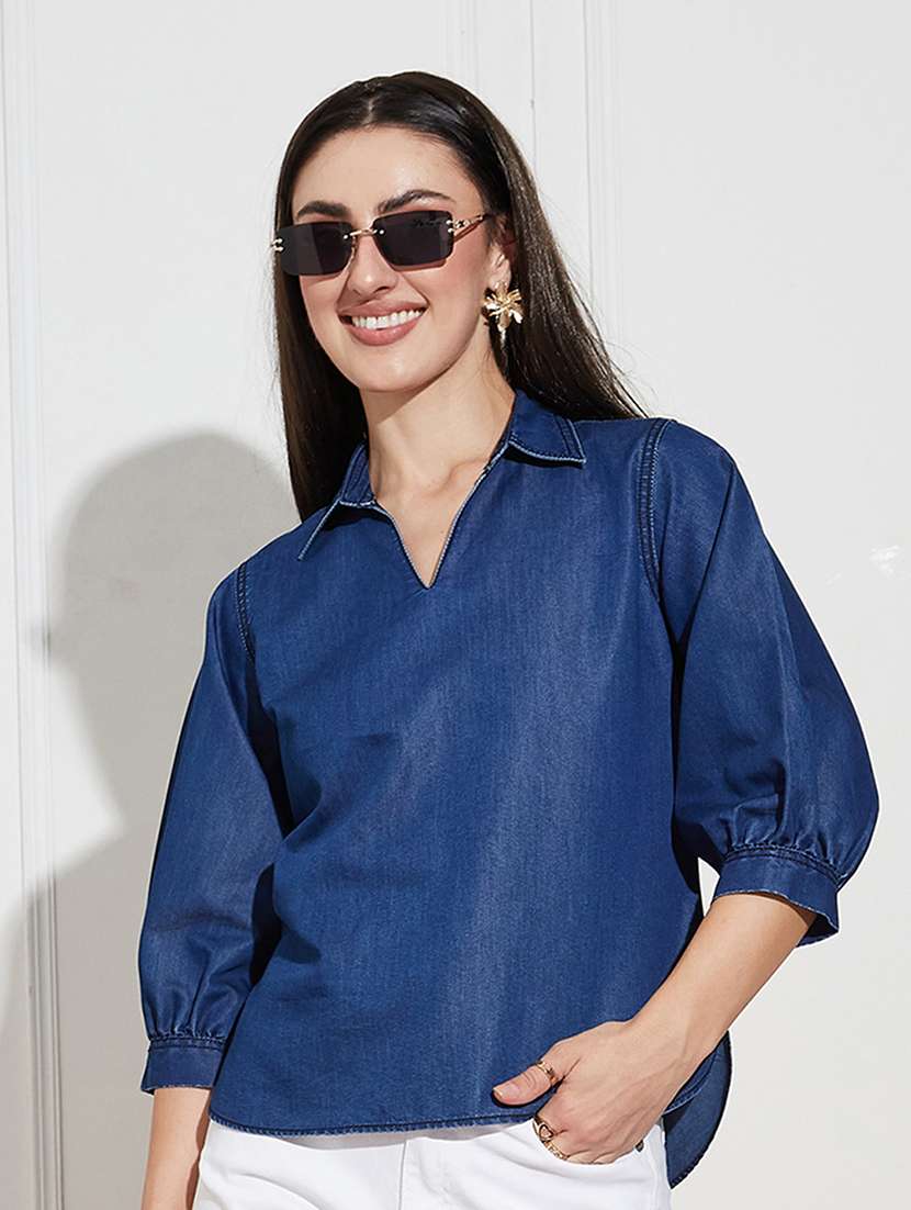 women solid  blue denim regular top - 22472473 -  Standard Image - 1