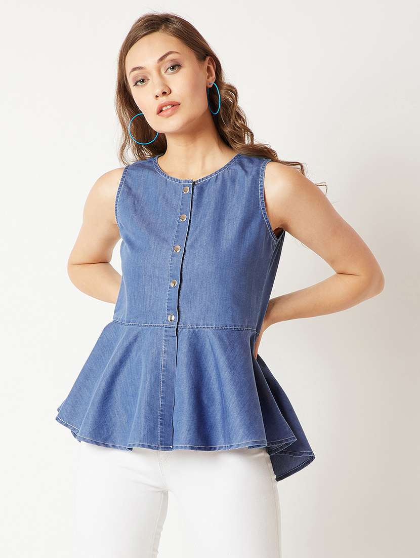 women solid blue denim regular top