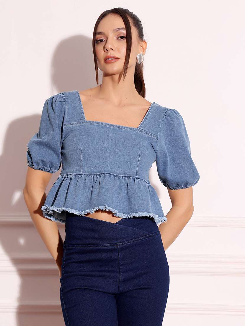 women solid blue denim regular top - 22472479 -  Standard Image - 1