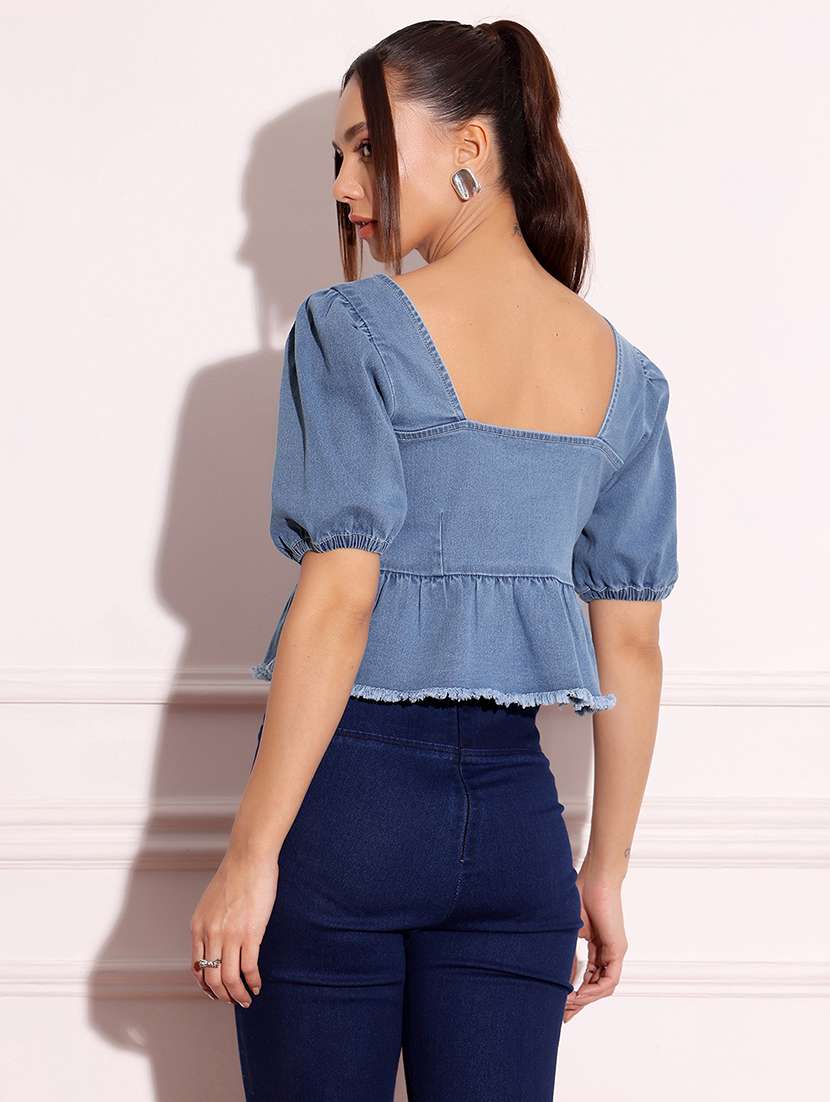 women solid blue denim regular top - 22472479 -  Standard Image - 4