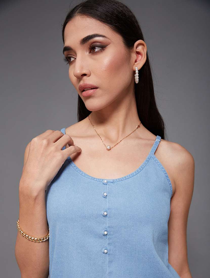 women solid blue denim regular top - 22472482 -  Standard Image - 1