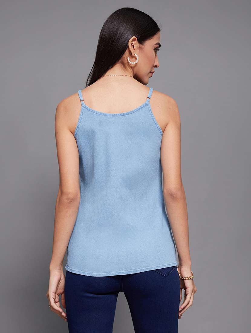women solid blue denim regular top - 22472482 -  Standard Image - 4