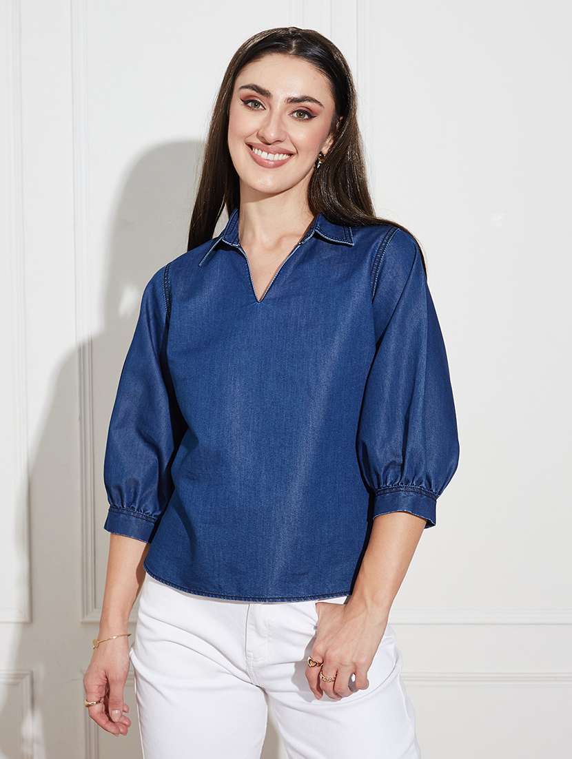 women blue denim regular top