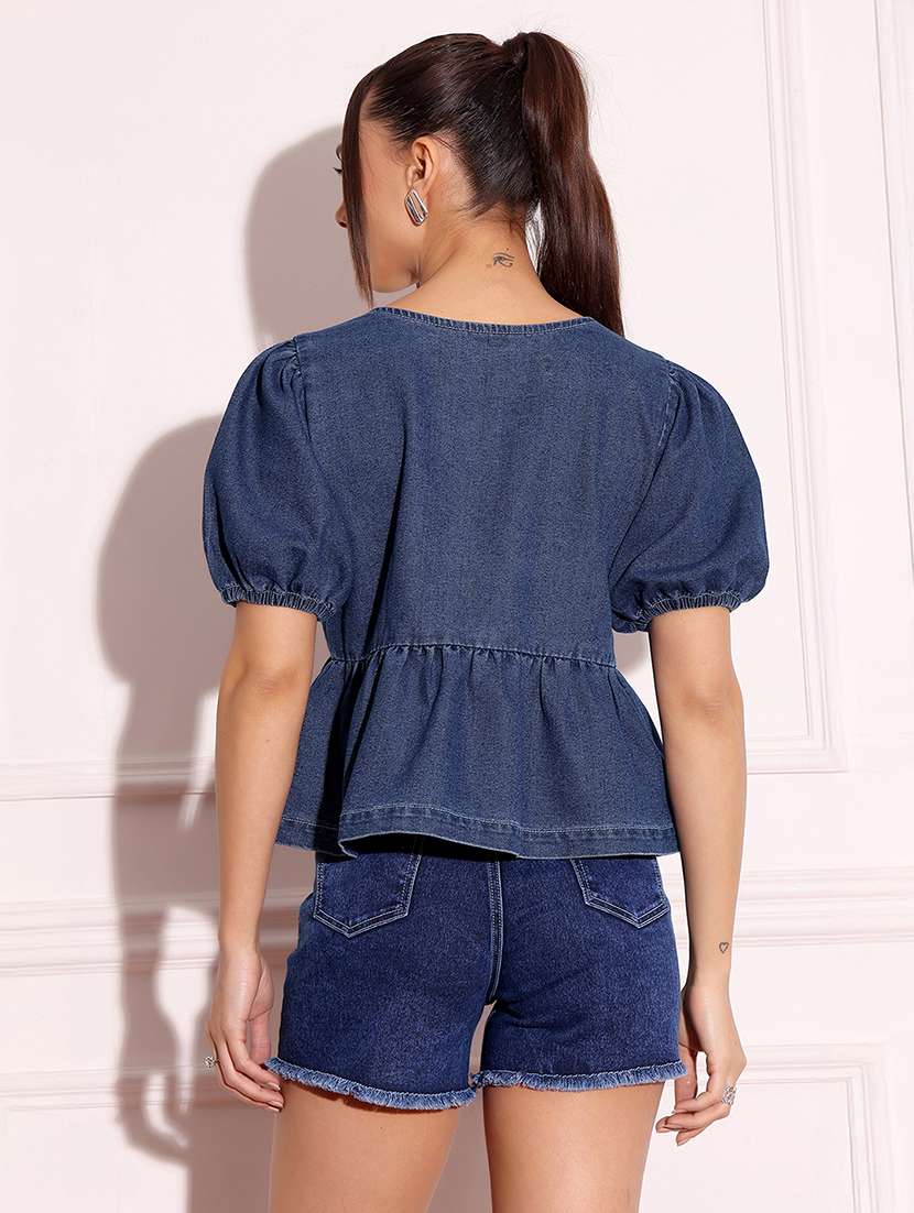 women solid blue denim regular top - 22472484 -  Standard Image - 4