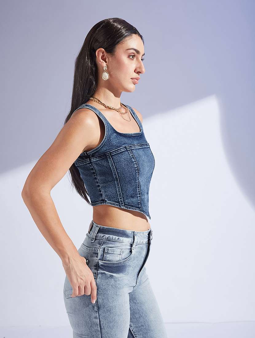 women solid blue denim regular top - 22472485 -  Standard Image - 1
