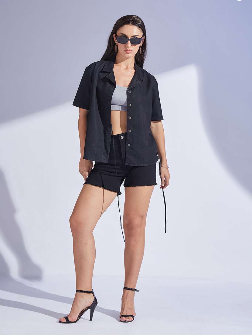 women solid black denim regular shirt - 22472486 -  Standard Image - 4