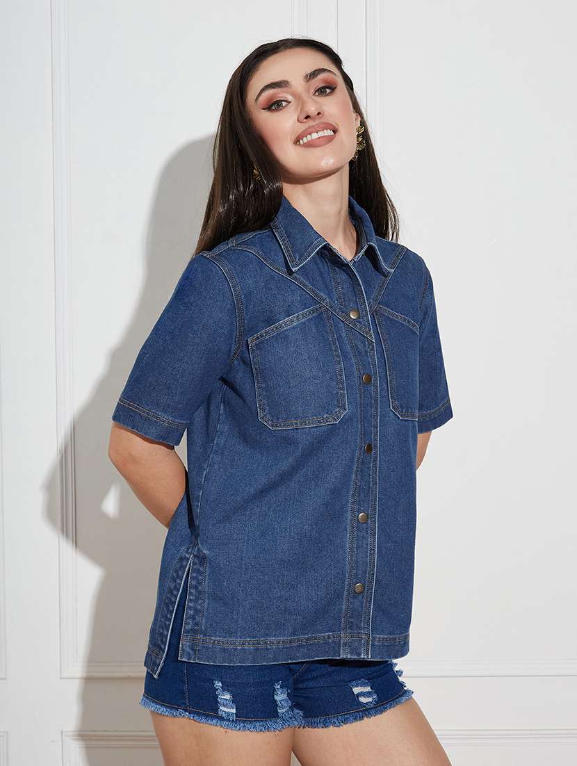 women solid blue denim regular shirt - 22472492 -  Standard Image - 1
