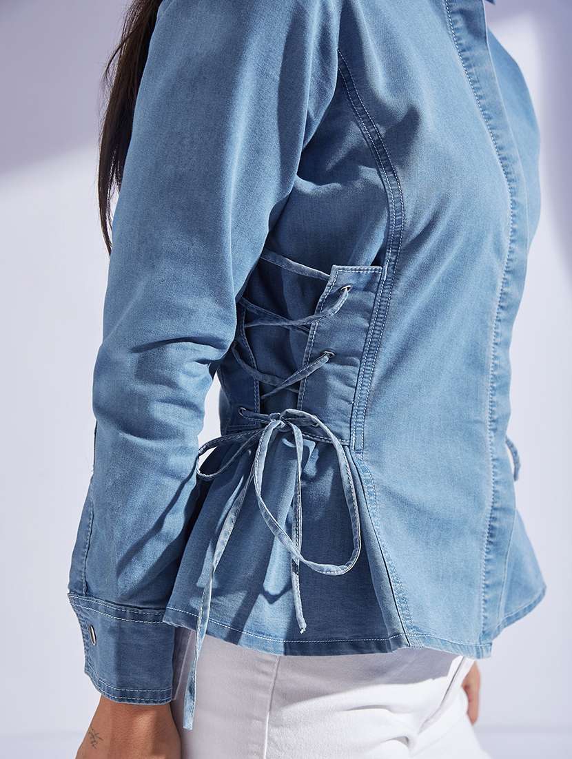 women solid collared long sleeve denim shirt - 22472495 -  Standard Image - 1