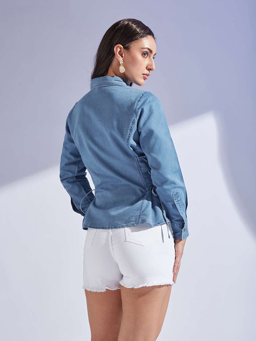 women solid collared long sleeve denim shirt - 22472495 -  Standard Image - 4