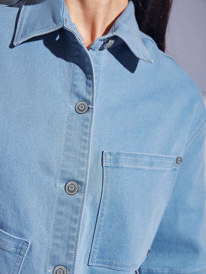women solid blue denim regular shirt - 22472496 -  Standard Image - 1