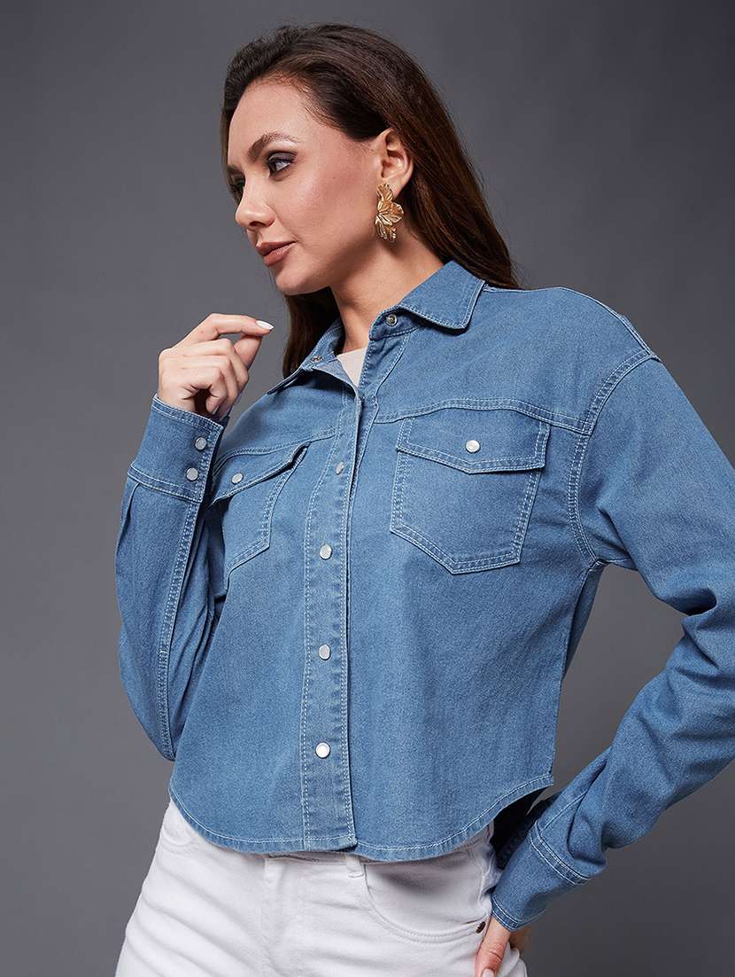 women solid blue denim regular shirt - 22472497 -  Standard Image - 1