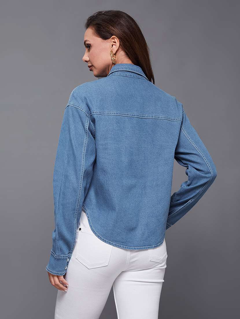 women solid blue denim regular shirt - 22472497 -  Standard Image - 4
