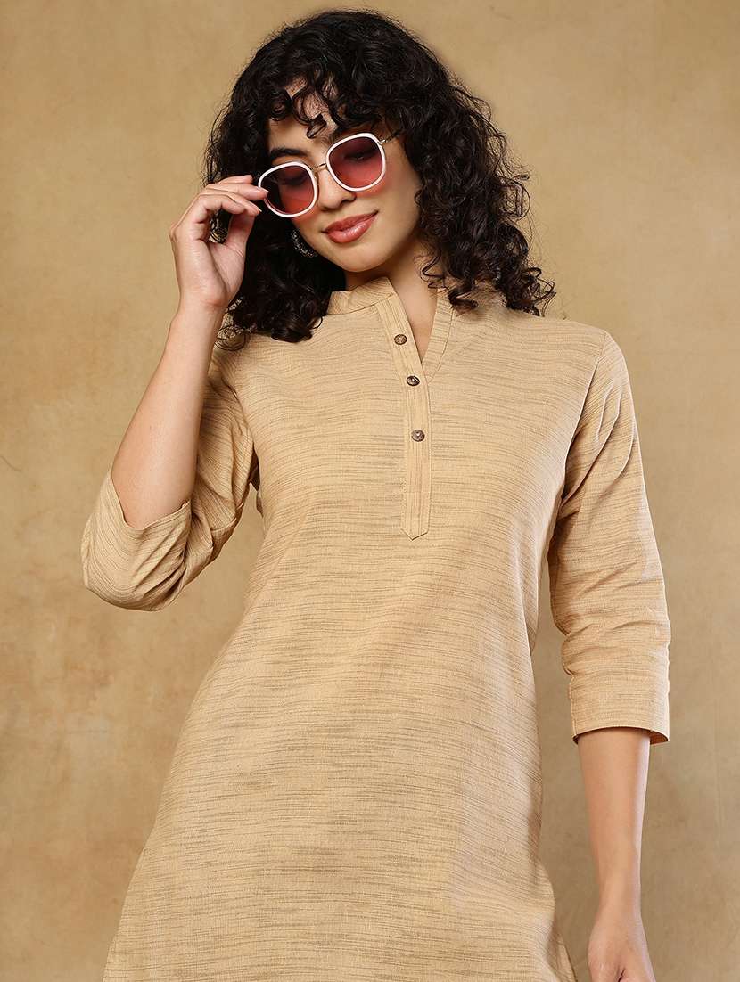Women Beige Cotton Straight Kurta - 22472534 -  Standard Image - 1