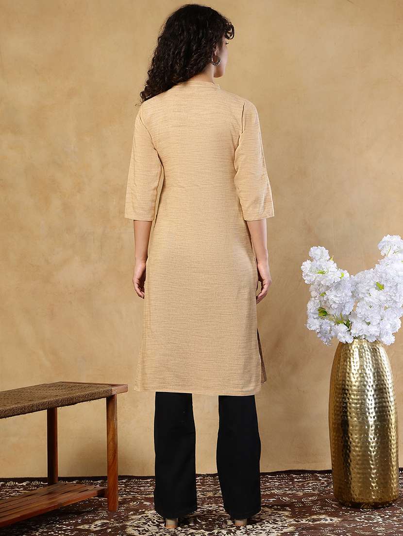 Women Beige Cotton Straight Kurta - 22472534 -  Standard Image - 4