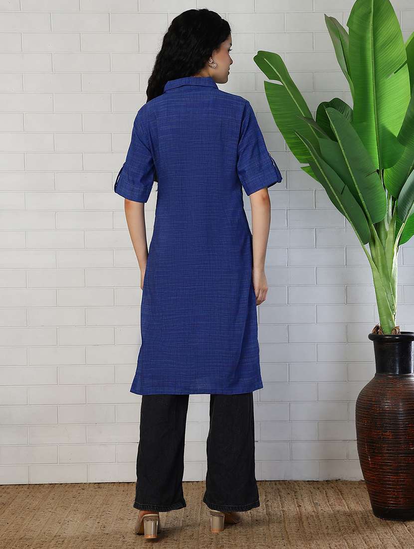 Women Blue Cotton Straight Kurta - 22472537 -  Standard Image - 4