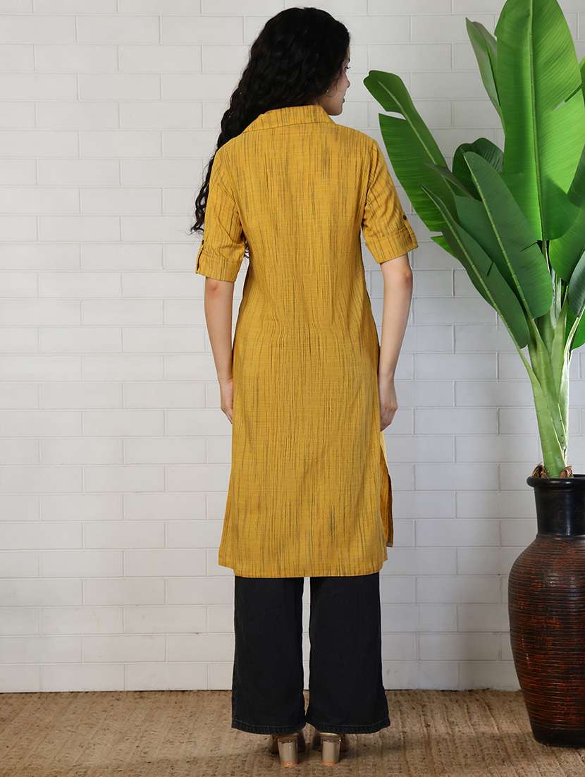 women mustard cotton straight kurta - 22472538 -  Standard Image - 4