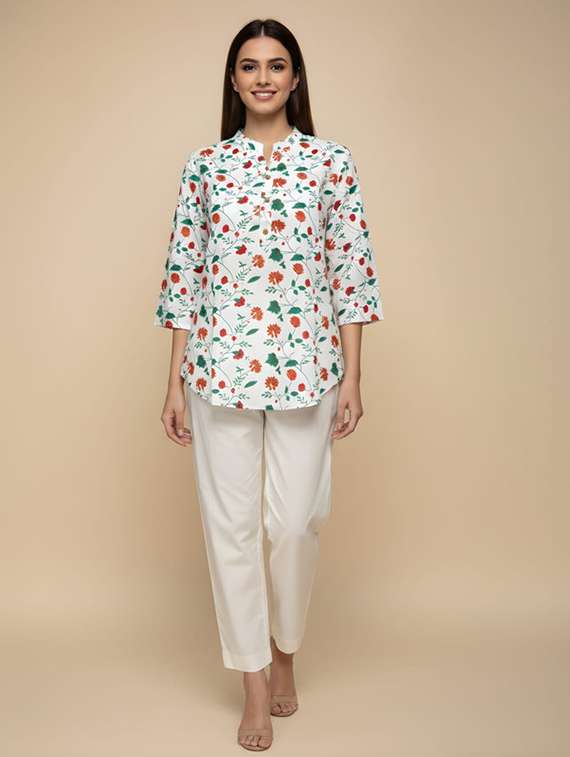 women floral three quarter sleeve a-line kurti - 22472548 -  Standard Image - 1