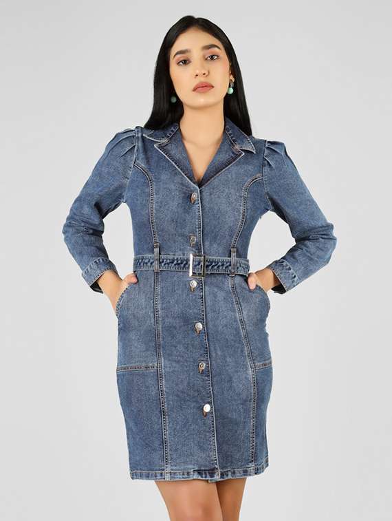 women blue cotton bodycon dress