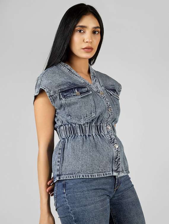 Women Solid Blue Cotton Shirt Top - 22472572 -  Standard Image - 1