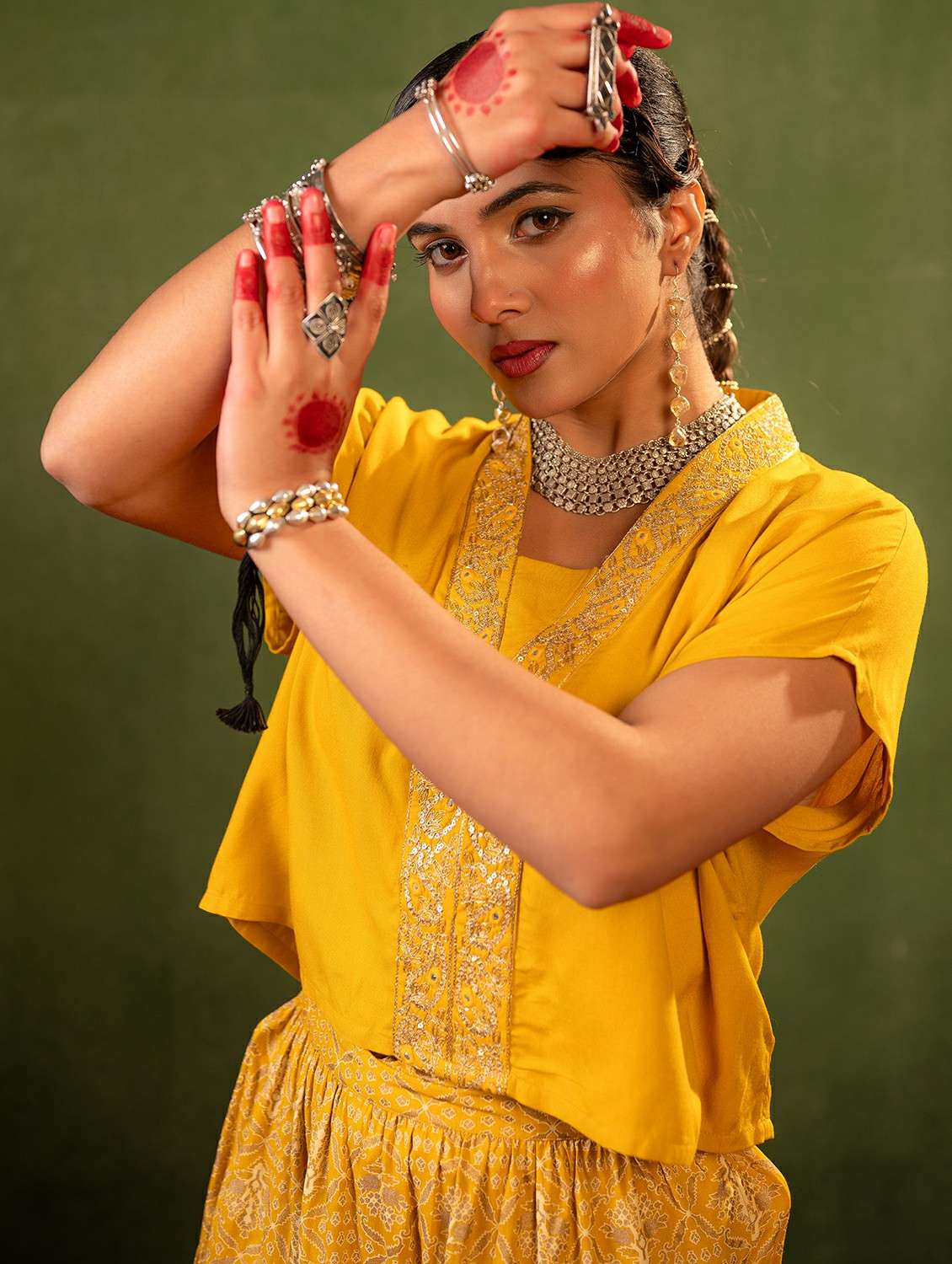 women solid with work short sleeve ethnic co-ord set - 22473065 -  Standard Image - 4