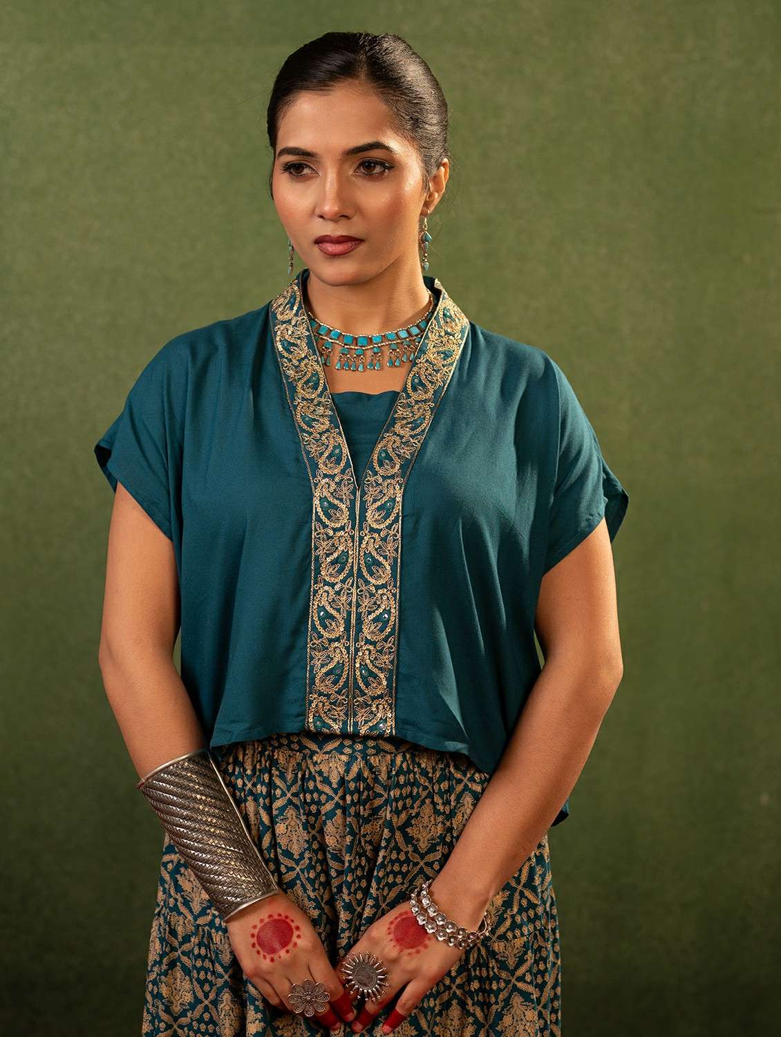 women solid with work short sleeve ethnic co-ord set - 22473066 -  Standard Image - 1