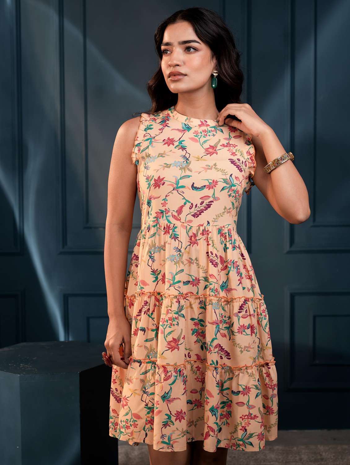 women printed peach viscose fit & flare ethnic dress - 22473087 -  Standard Image - 1