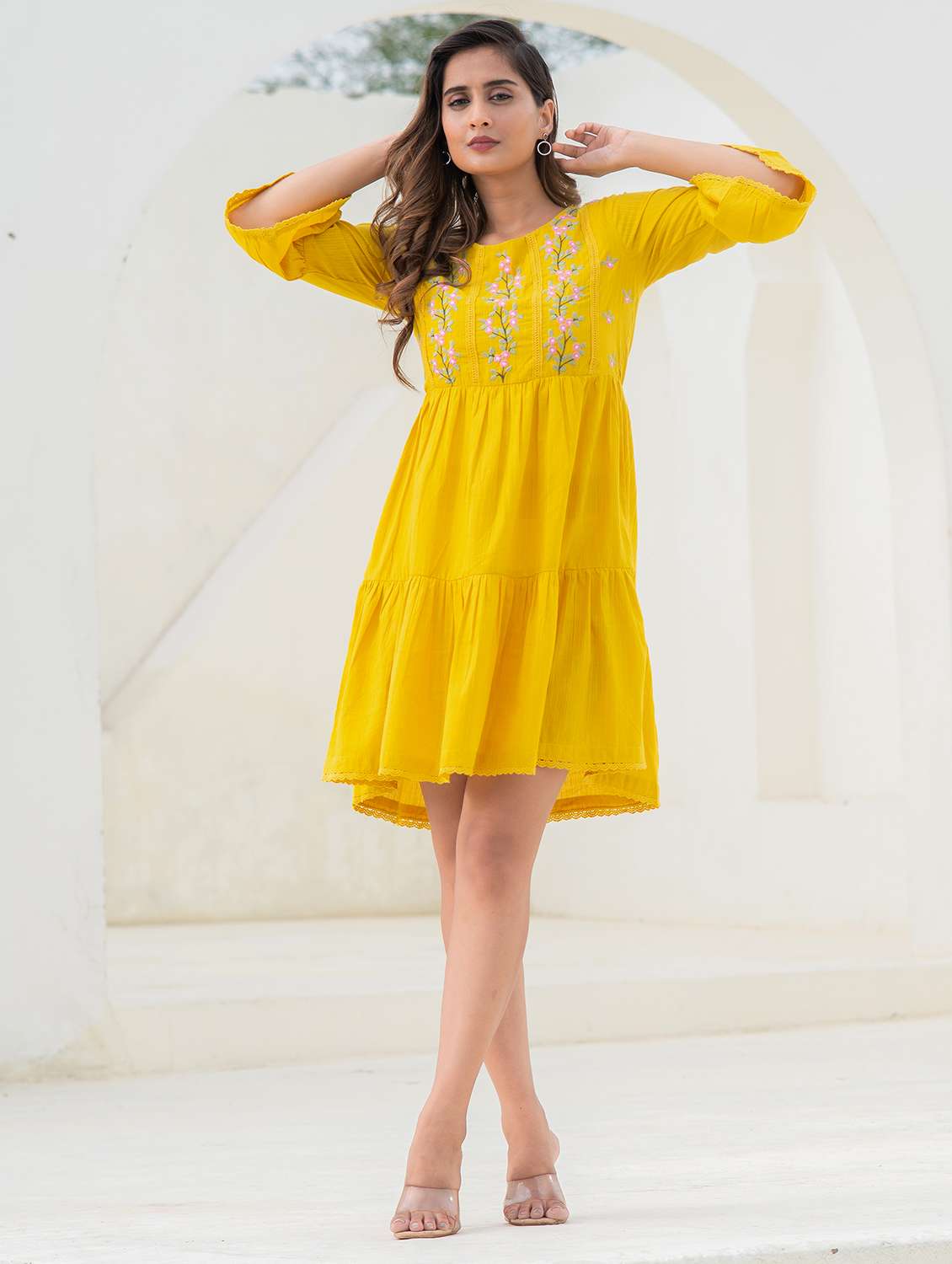 women solid with work round neck tiered ethnic dress