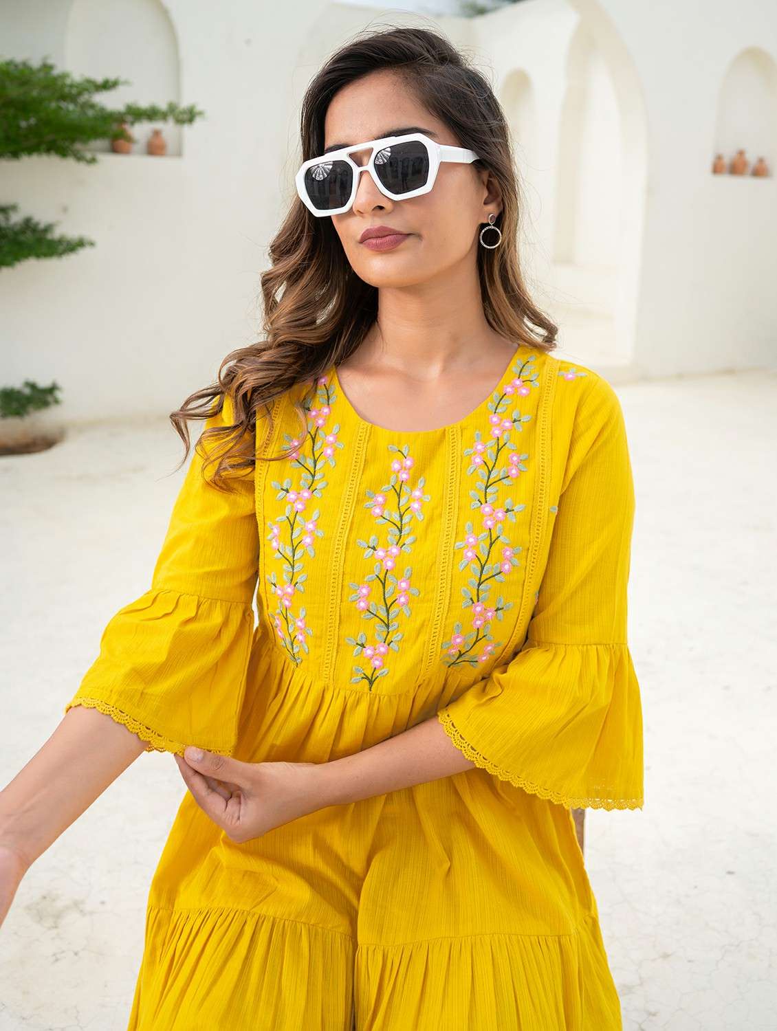 women solid with work round neck tiered ethnic dress - 22473091 -  Standard Image - 1