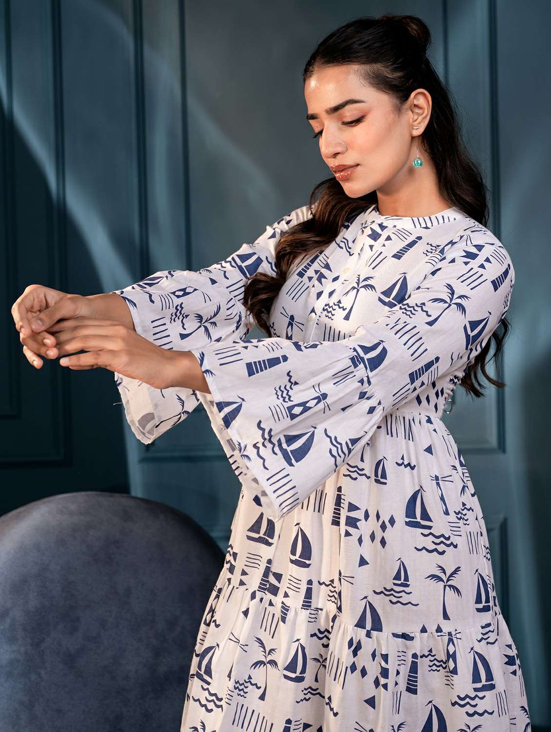 women printed off white cotton fit & flare ethnic dress - 22473095 -  Standard Image - 1