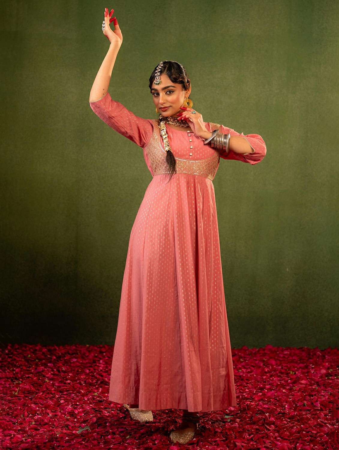 women pink polyester a-line ethnic dress