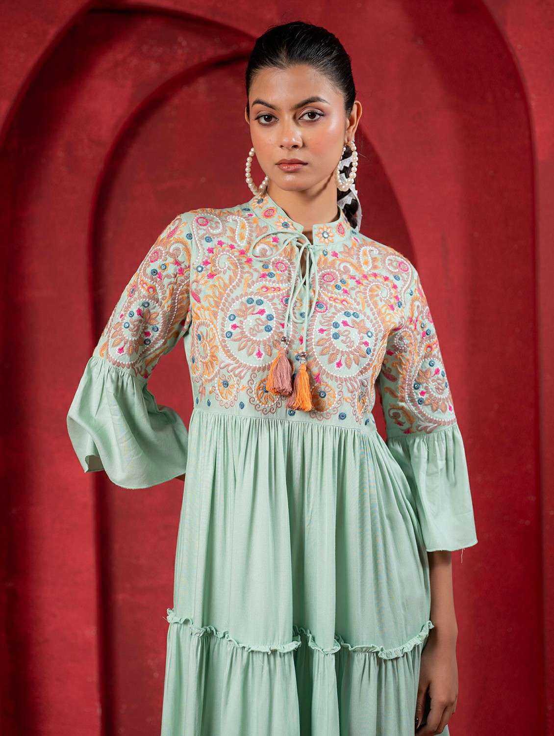 women printed green viscose fit & flare ethnic dress - 22473103 -  Standard Image - 1