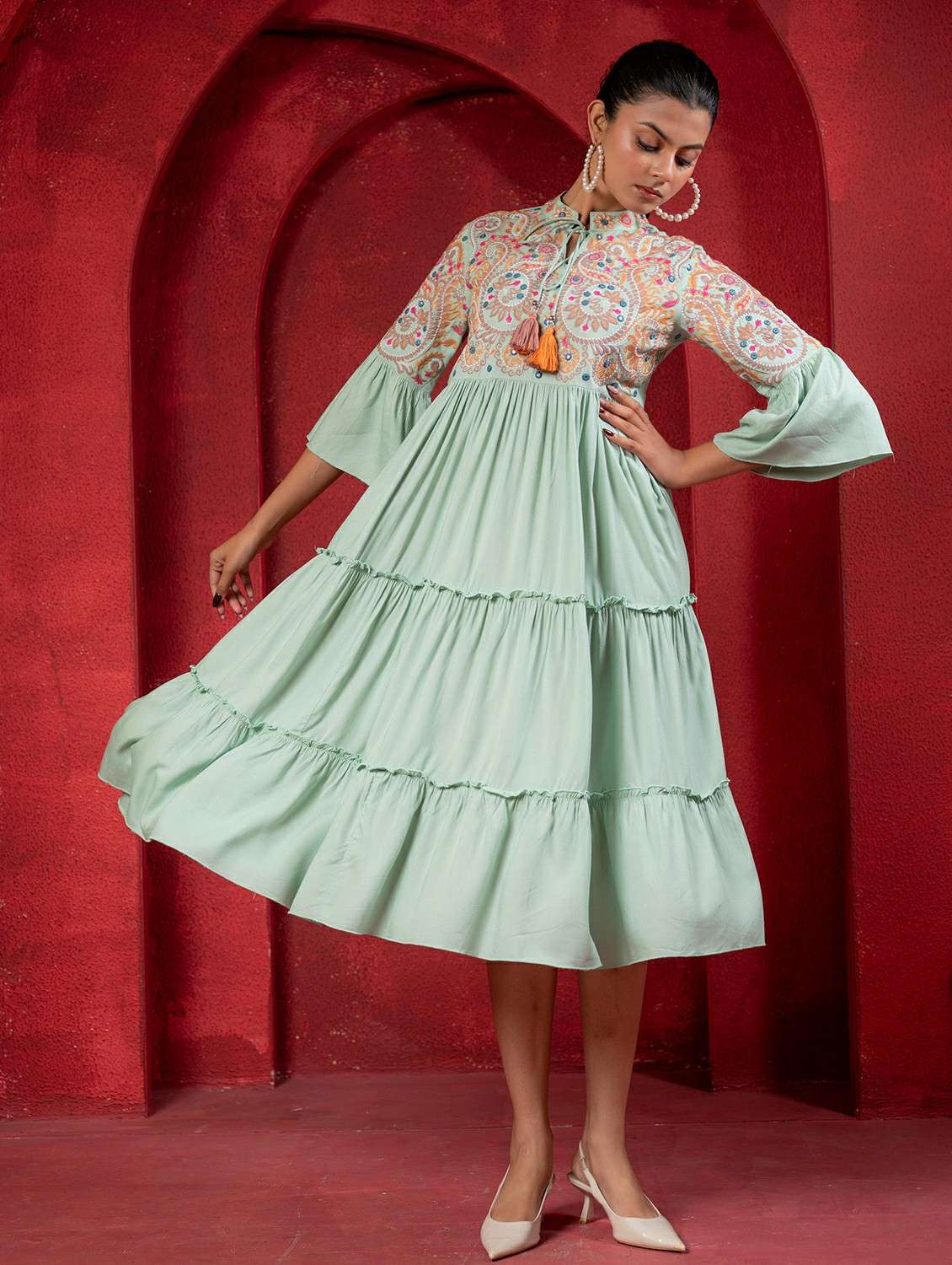 women printed green viscose fit & flare ethnic dress - 22473103 -  Standard Image - 4