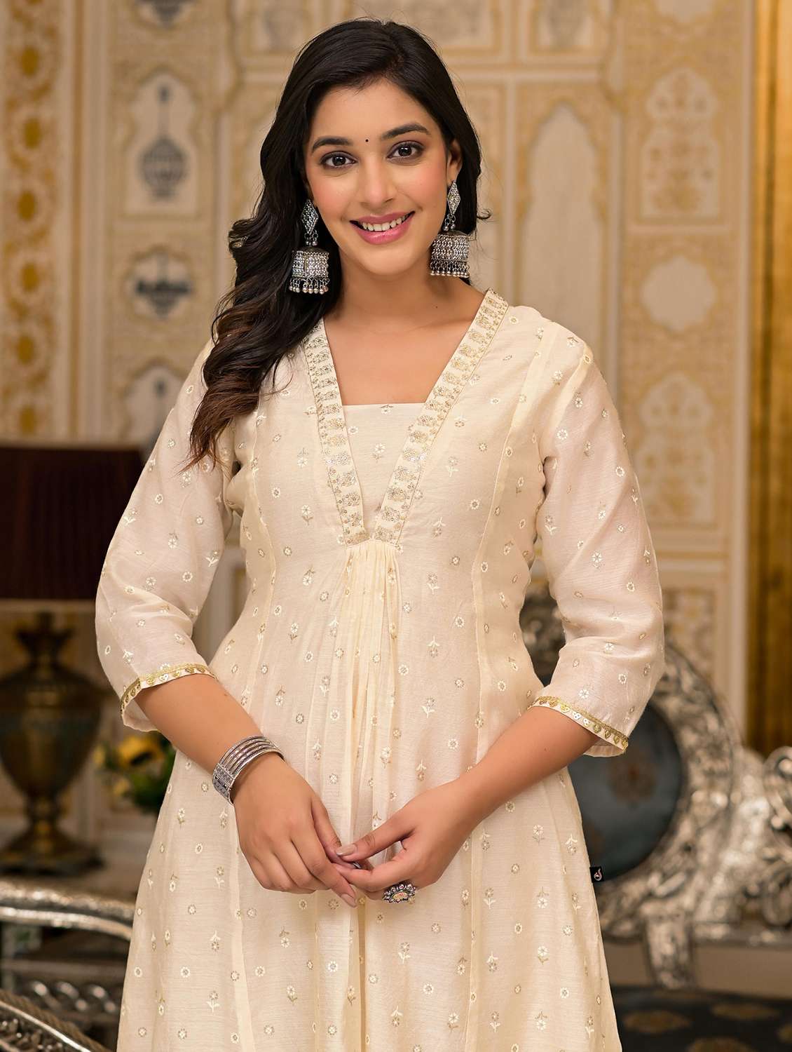women  beige chanderi flared kurta - 22473112 -  Standard Image - 1