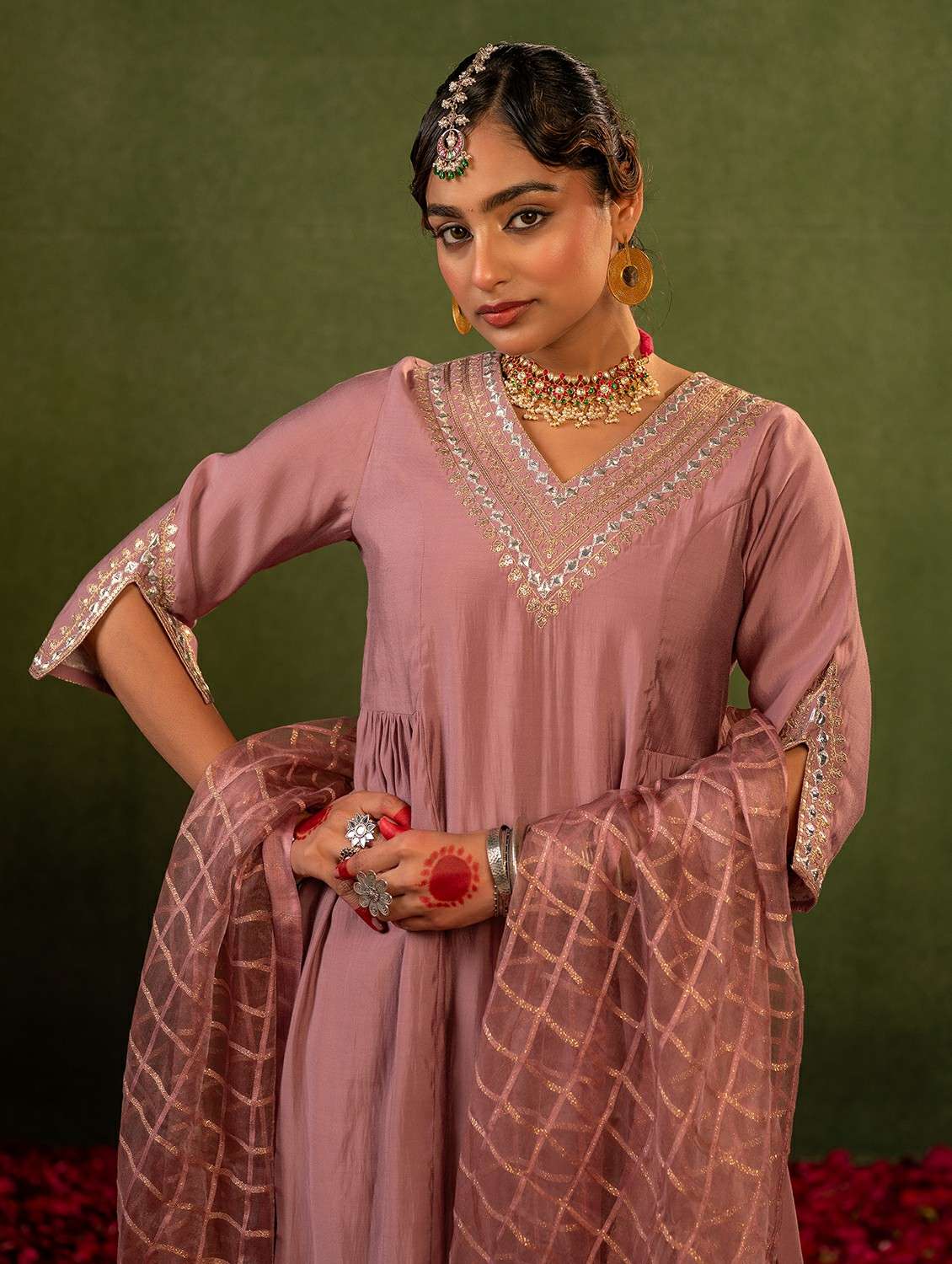 women solid with work three quarter sleeve kurta pant with dupatta set - 22473169 -  Standard Image - 1