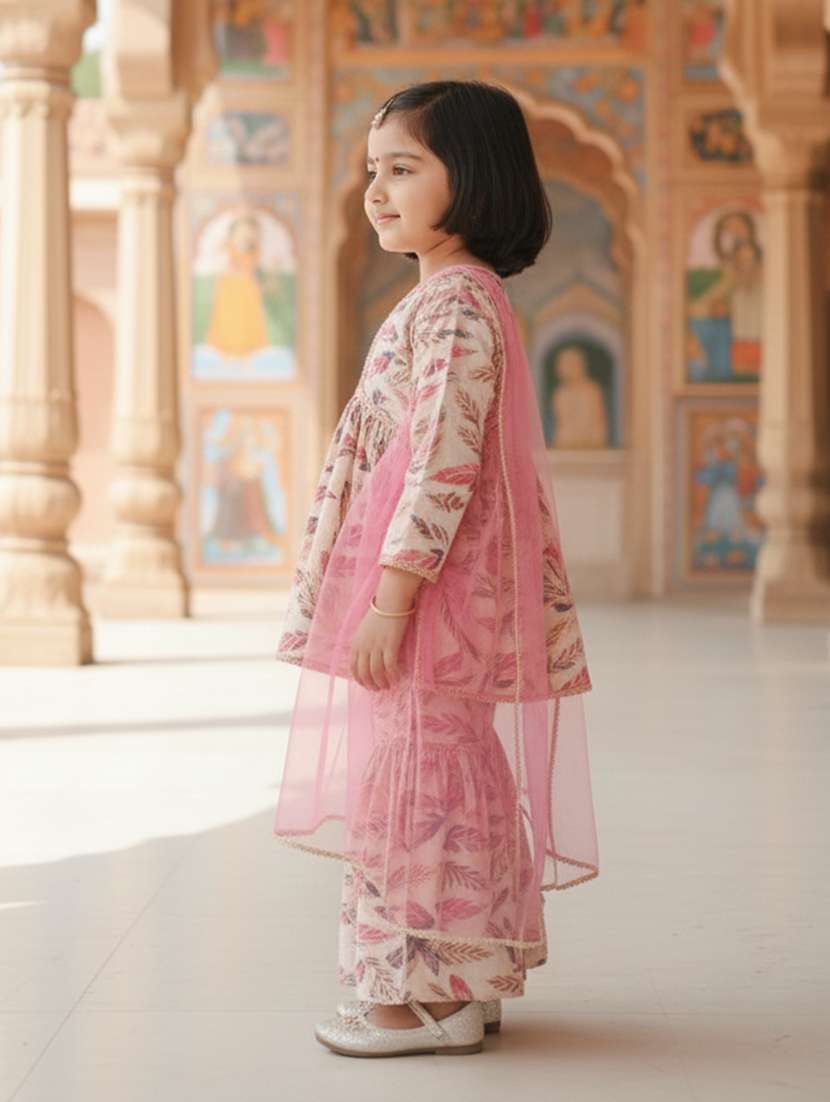 girl peach cotton blend kurta sharara set suit set - 22473201 -  Standard Image - 1