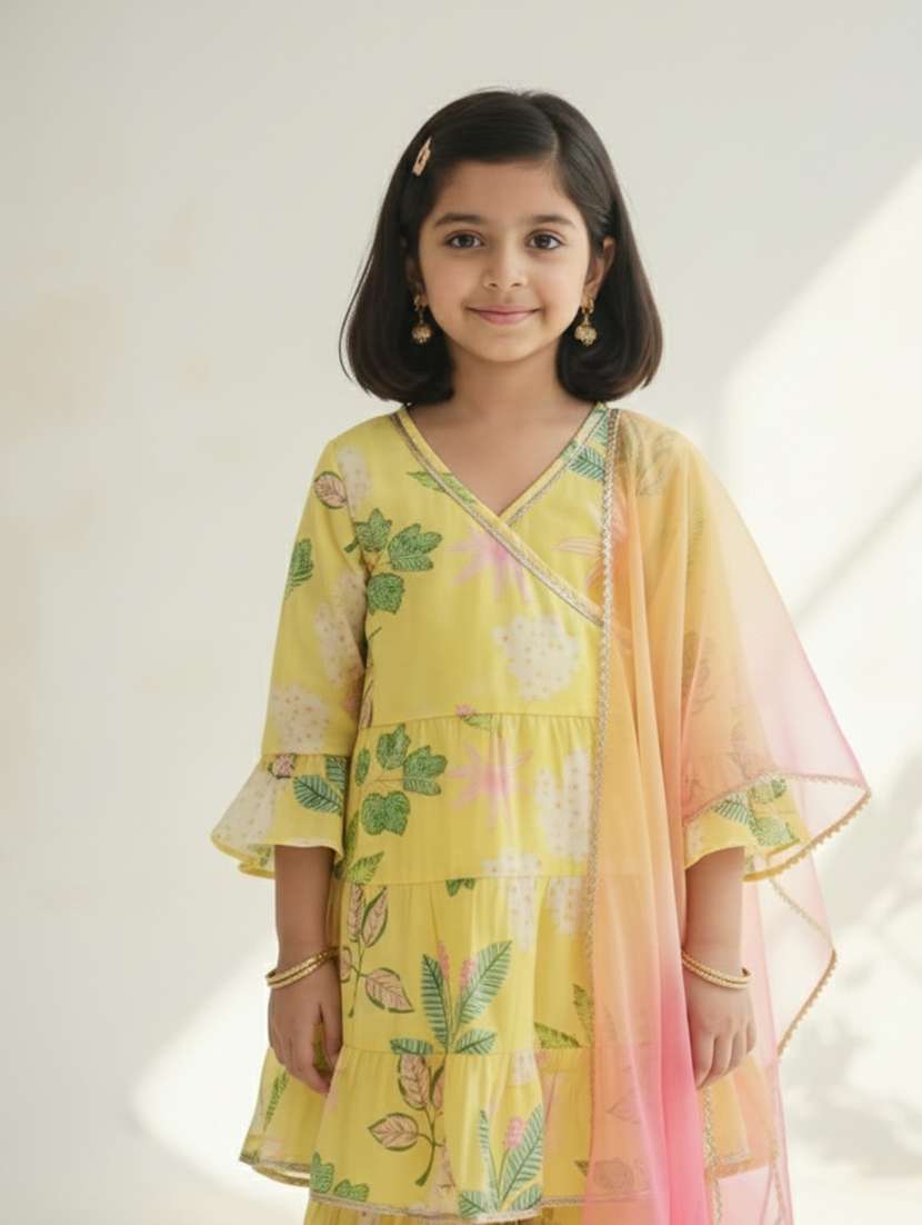 girls yellow cotton blend kurta sharara set suit set - 22473203 -  Standard Image - 1
