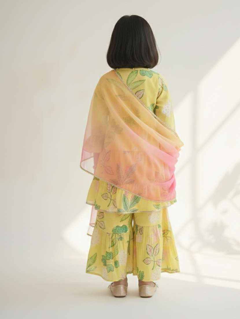 girls yellow cotton blend kurta sharara set suit set - 22473203 -  Standard Image - 4