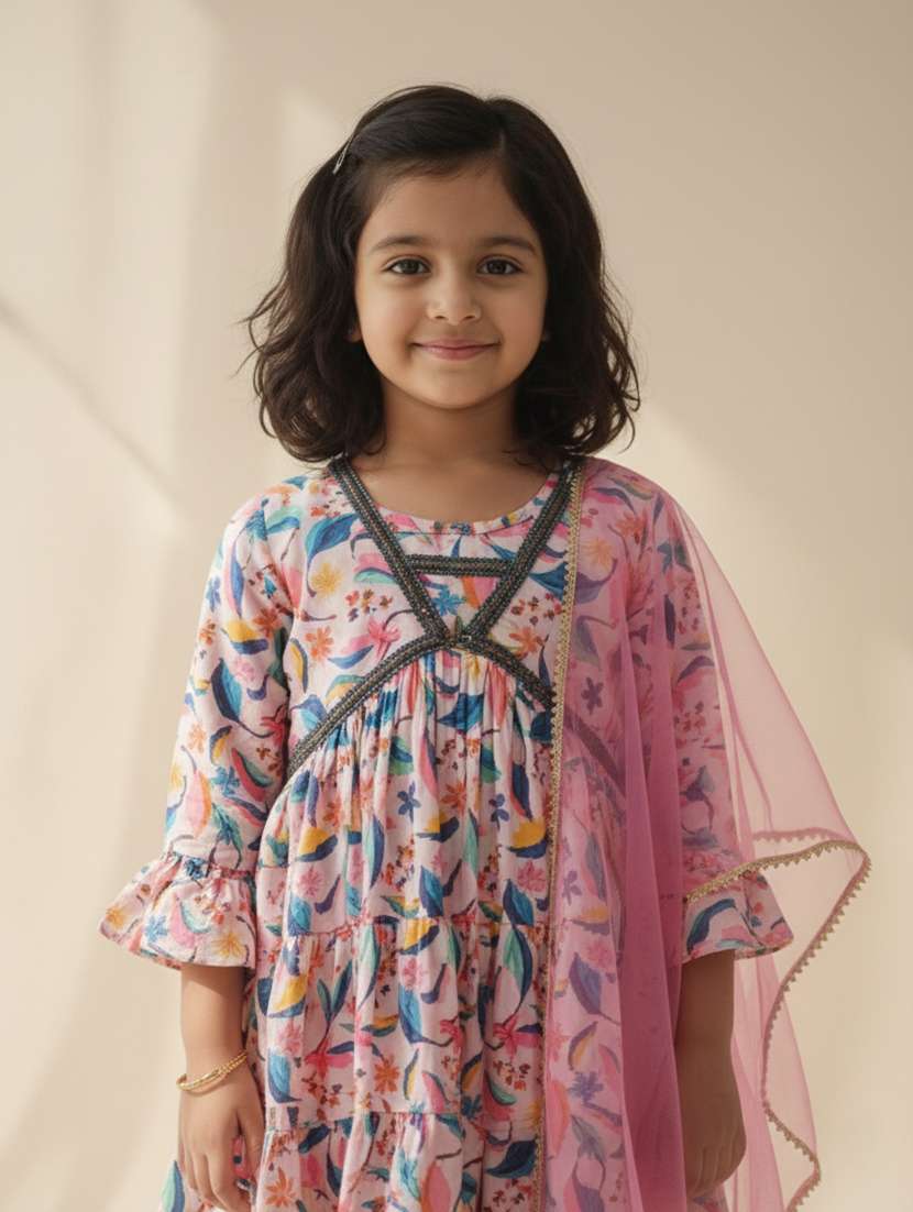 Girl Multi Colored Cotton Blend Kurta Sharara Set Suit Set - 22473205 -  Standard Image - 1