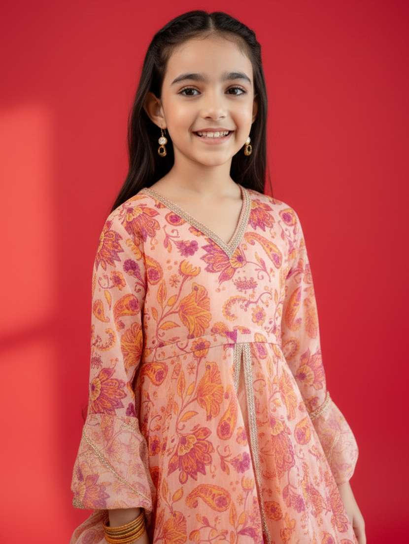 girl peach georgette kurta skirt set suit set - 22473207 -  Standard Image - 1
